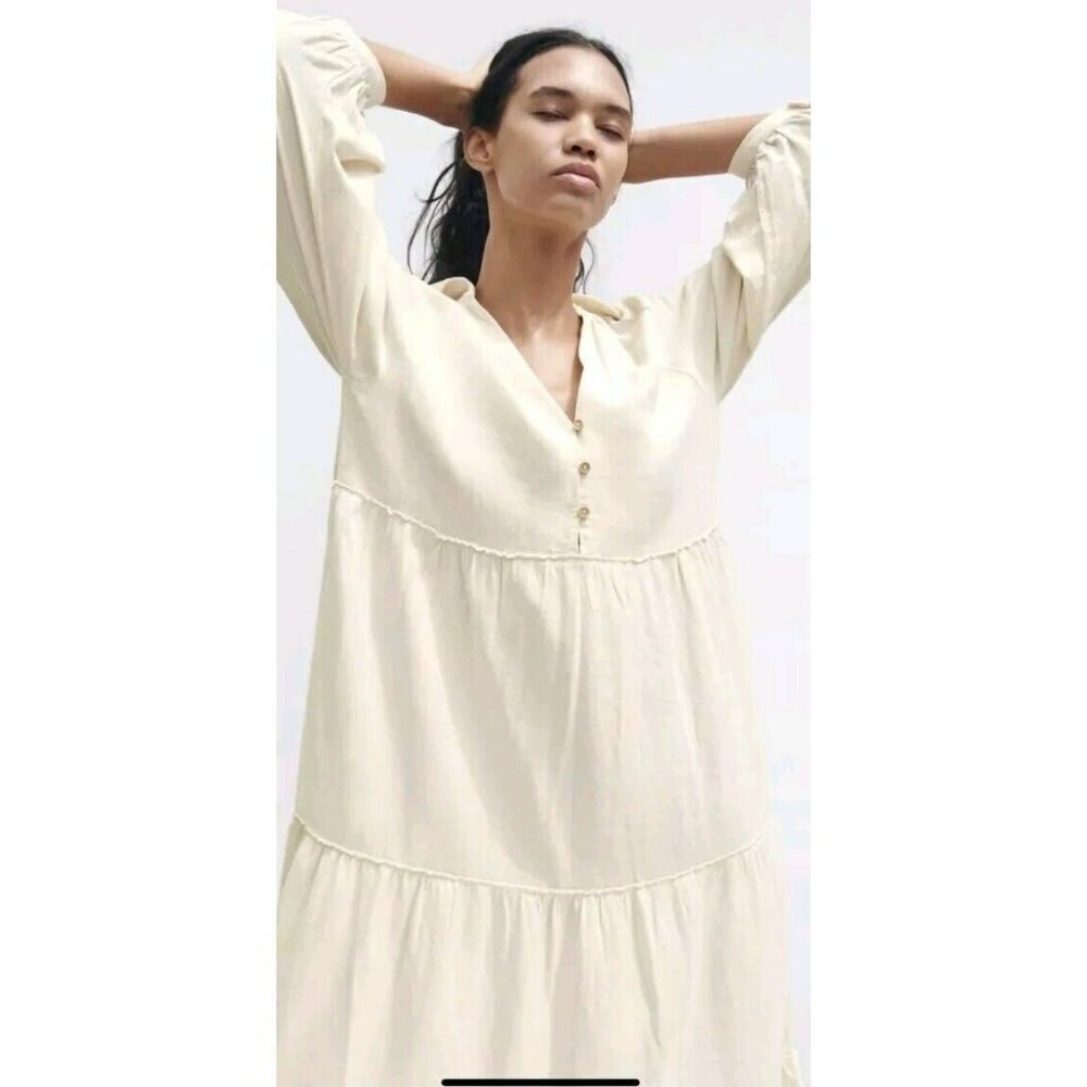 ZARA LINEN-BLEND PANELLED MIDI DRESS 8741/062 CREAM  Small
